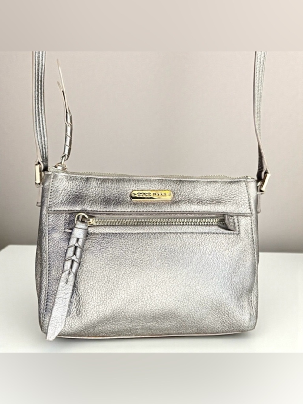 Cole Haan Silver Metallic Leather Crossbody Bag Small